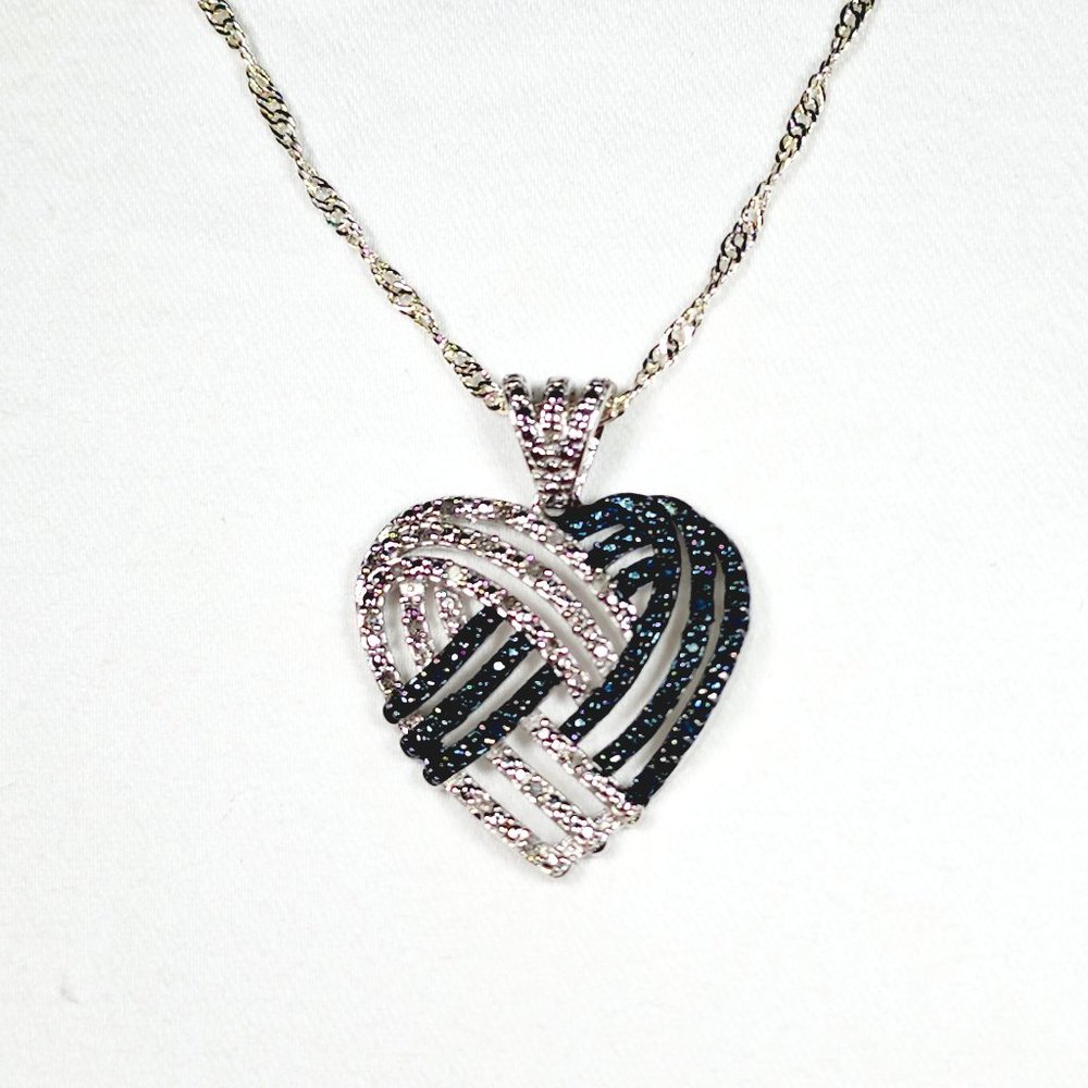Blue & White Diamond heart pendant in Plat & Rhodium over 925 SS w/20" chain